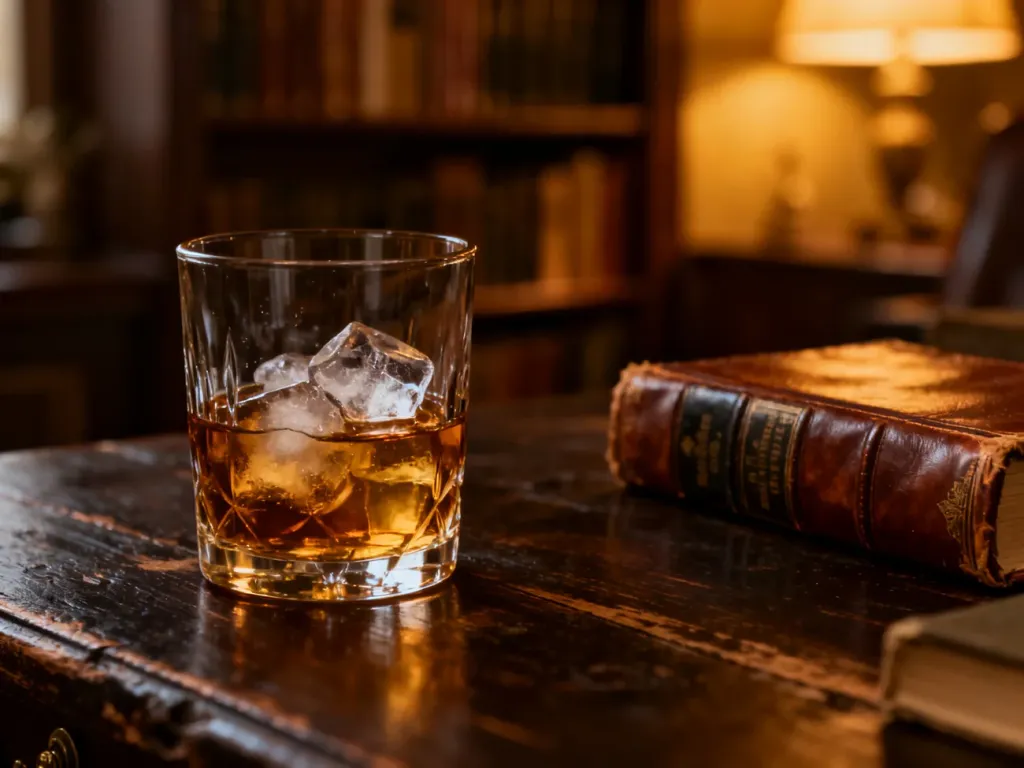 Szklanka bursztynowej whisky z lodem na drewnianym stole w tle przytulnej biblioteki.