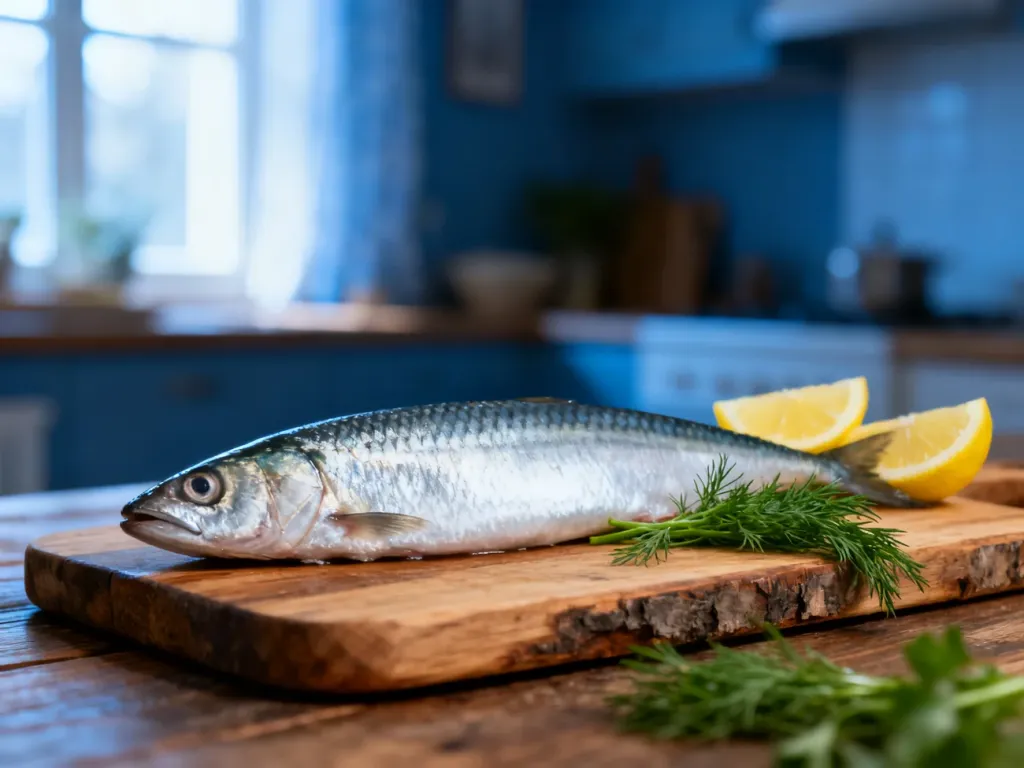 Świeży filet ze śledzia na drewnianej desce z koperkiem i cytryną, podkreślający naturalne wartości odżywcze ryby.