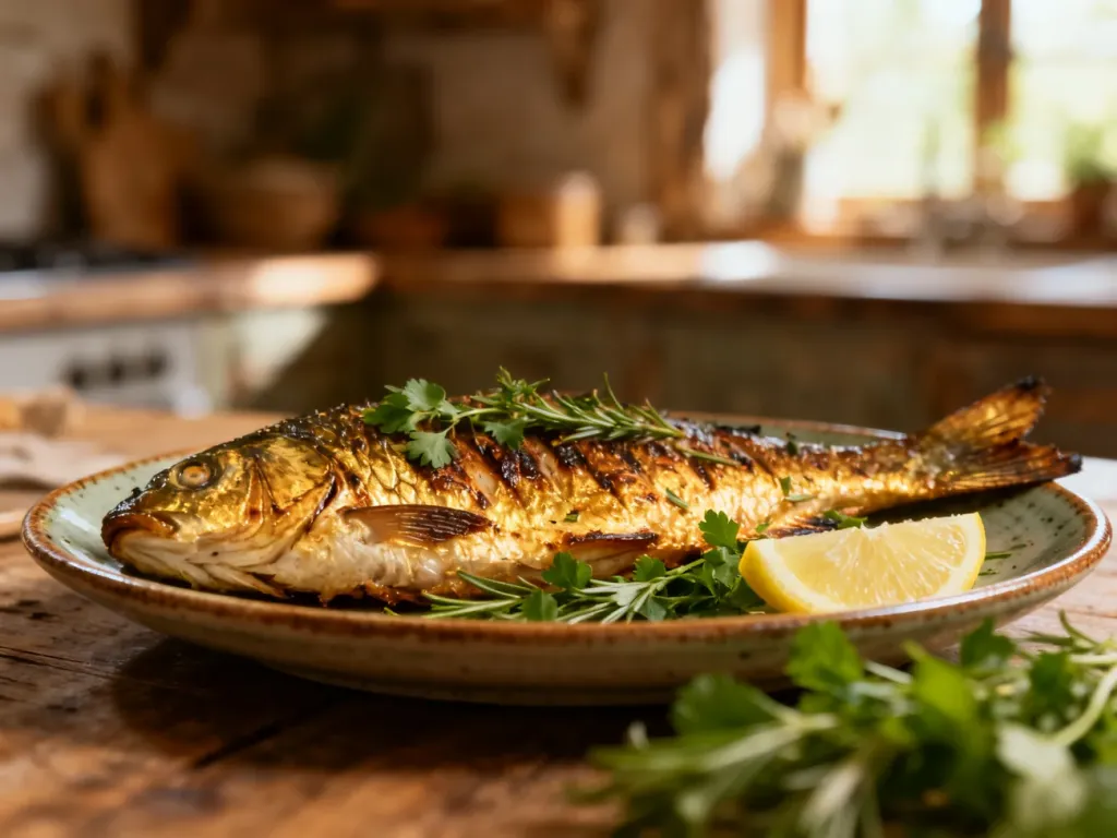 Pieczony filet z karpia podany na ceramicznym talerzu z cytryną i świeżymi ziołami.