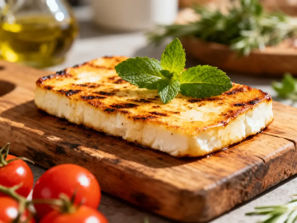 Złocisty, grillowany plaster sera halloumi z miętą i pomidorkami koktajlowymi na drewnianej desce.