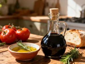Miska z przezroczystym makaronem konjac z kolorowymi warzywami i ziołami w jasnej, minimalistycznej kuchni.
