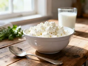 Szklana miseczka z kremowym serkiem mascarpone, udekorowana świeżą miętą i malinami na drewnianym stole.