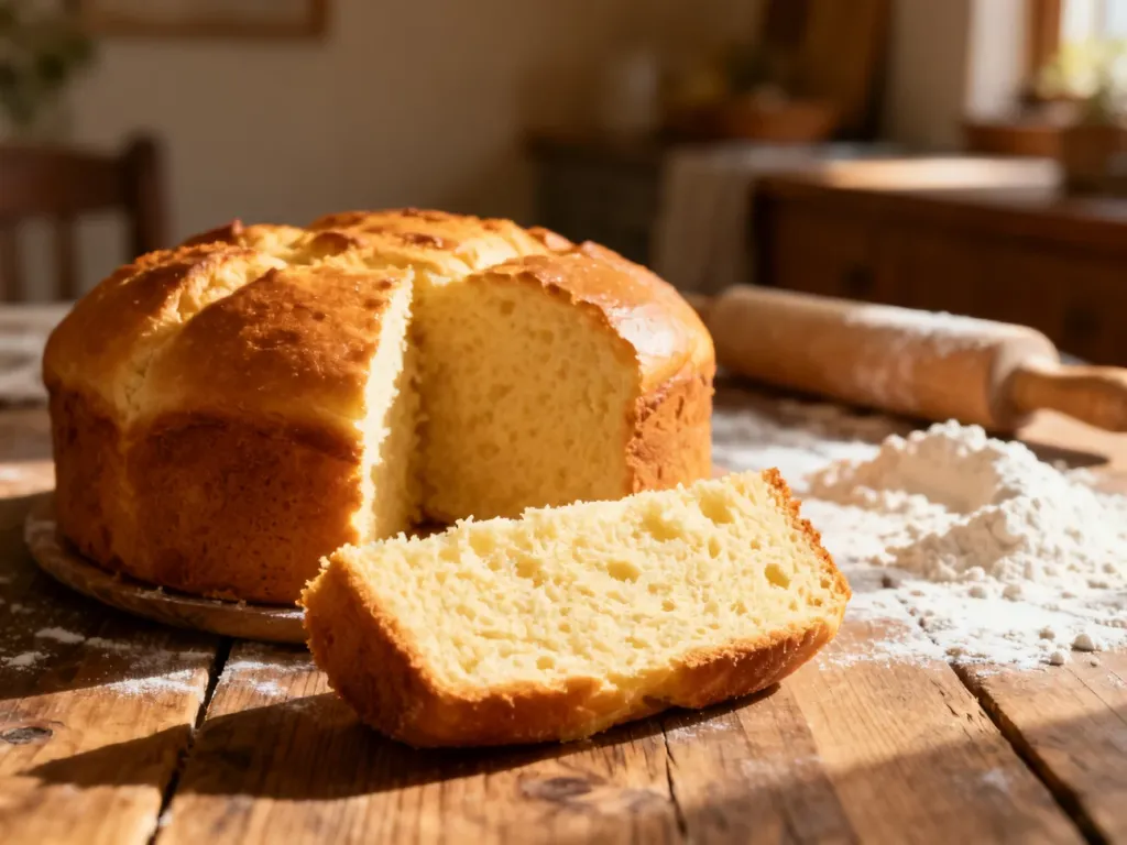 Świeżo upieczone, puszyste ciasto drożdżowe na drewnianym stole w przytulnej kuchni.