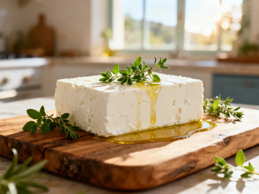 Świeży blok sera feta na drewnianej desce, skropiony oliwą i udekorowany świeżym oregano w słonecznej kuchni.