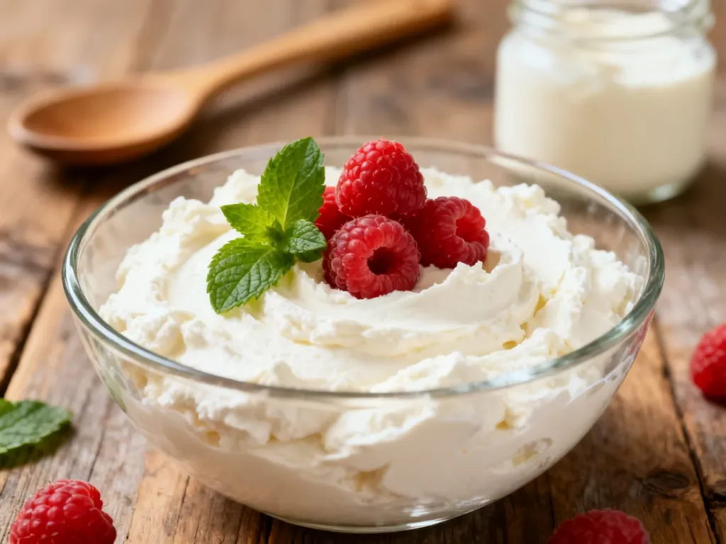 Szklana miseczka z kremowym serkiem mascarpone, udekorowana świeżą miętą i malinami na drewnianym stole.